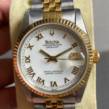 RARE Bulova Chronoprecision Date Roman Index Two Tone White Dial Watch Vintage