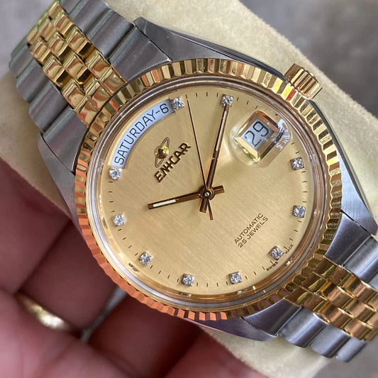 Rare Enicar Automatic President Gold Dial Diamond Two Tone Swiss Vintage Watch