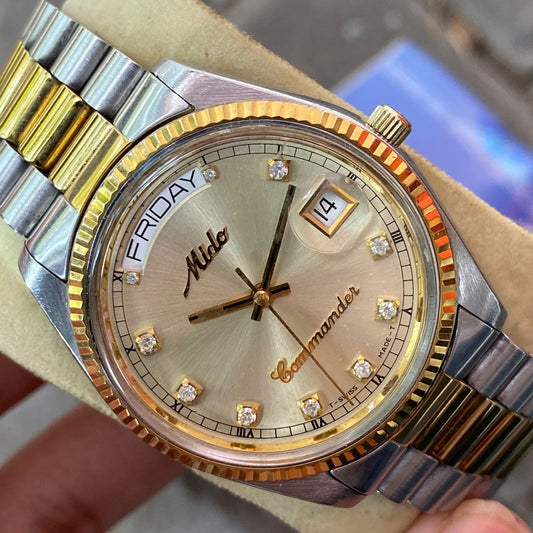 Rare Mido Commander President  Automatic Gold Dial Diamond TwoTone Watch Fullset