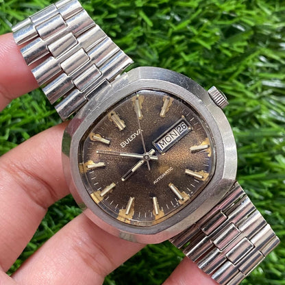 Rare Bulova Automatic Aging Dial Patina Day Date Oval Shape Vintage Men Watch