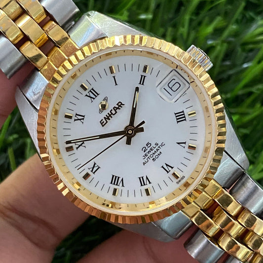 Rare Enicar Roman Index Automatic 25J Two Tone White Dial Swiss Watch Boy Size