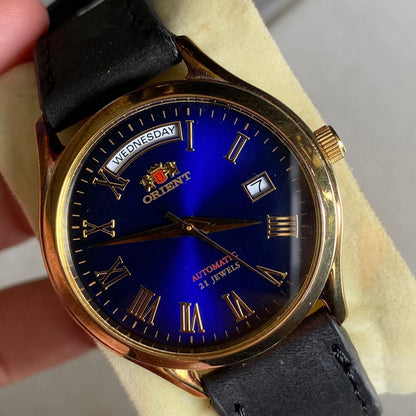 Rare Orient President Roman Index Blue Dial Automatic EV0H-A00 21 Jewels Vintage