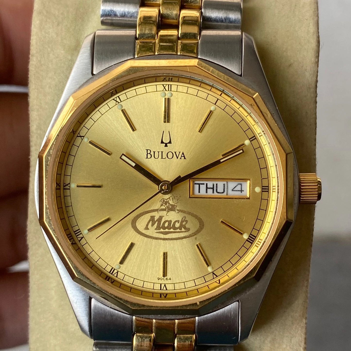 Rare Bulova Mack Quartz Day Date Gold Dial Hexagon Two Tone Watch Vintage Men