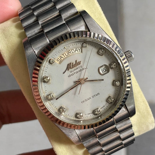 Rare Mido President Quartz  Datoday Ocean Star Index Diamond Vintage Watch Men