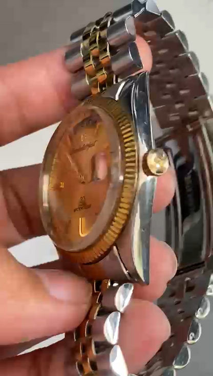 Rare Ricoh Autojust President Automatic DayDate Gold Dial Two Tone Vintage Watch