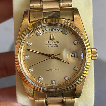 Rare Bulova President Super Seville Index Diamond Day Date Gold Automatic Watch