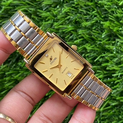 Rare Enicar Tank Quartz Date Baton Two Tone Gold Dial Swiss Made Watch Dress