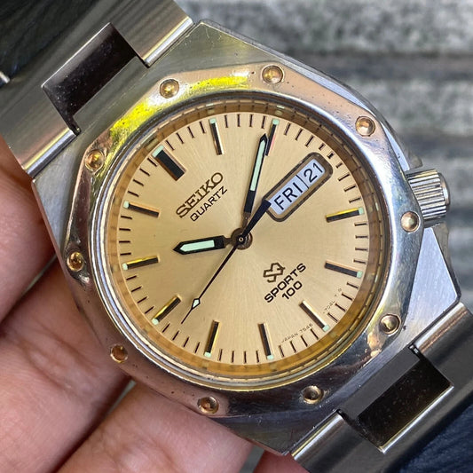RARE Seiko Oak SQ Sports 100 Day Date VIntage Watch Quartz Gold Dial