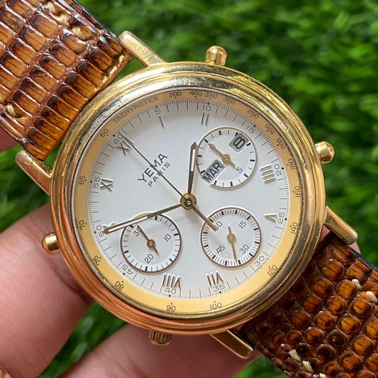 Rare Yema Paris Chronograph Quartz 7A38 Roman Index White Dial Vintage Men Watch