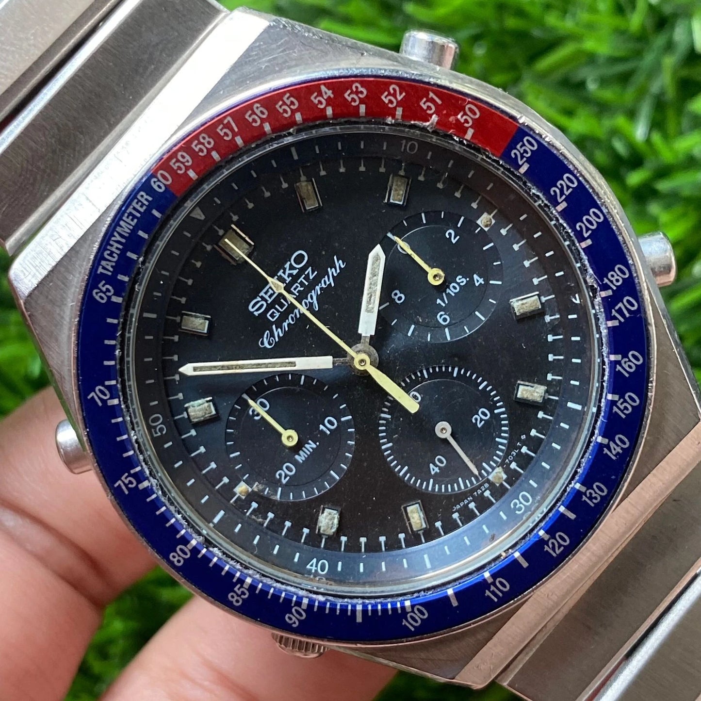 Rare Seiko Choronograph Quartz 7A28 Black Dial Pepsi Bezel Vintage Watch Men