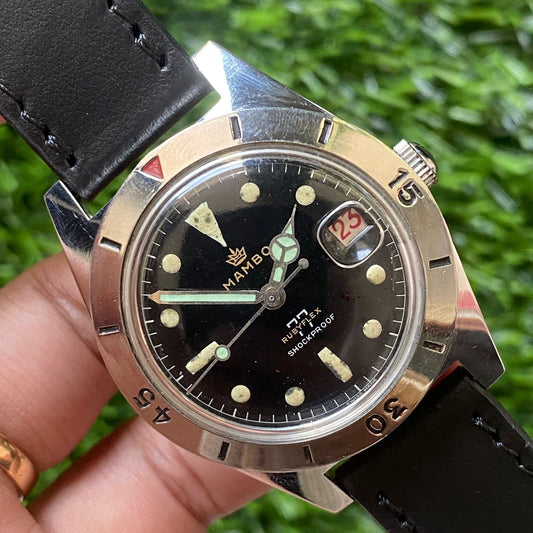 Rare Mamboo Rubyflex Quartz Shockproof Date Black Dial Vintage Swiss Watch Men
