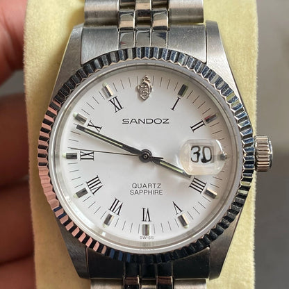 Rare Sandoz President Quartz Date Roman Index White Dial Swiss Vintage Watch Men