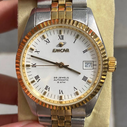 Rare Enicar Automatic 25J Roman Index White Dial TwoTone Swiss Vintage Watch Men