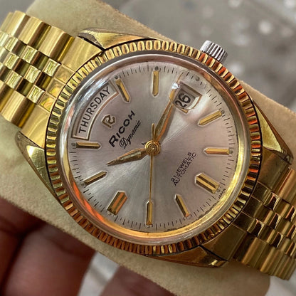Rare Ricoh President Dynamic Gold Automatic 21 Jewels Day Date Vintage Watch Men