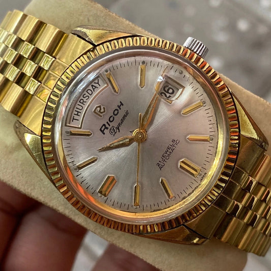 Rare Ricoh President Dynamic Gold Automatic 21 Jewels Day Date Vintage Watch Men