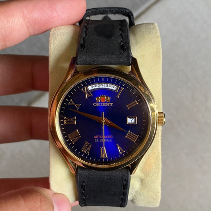 Rare Orient President Roman Index Blue Dial Automatic EV0H-A00 21 Jewels Vintage