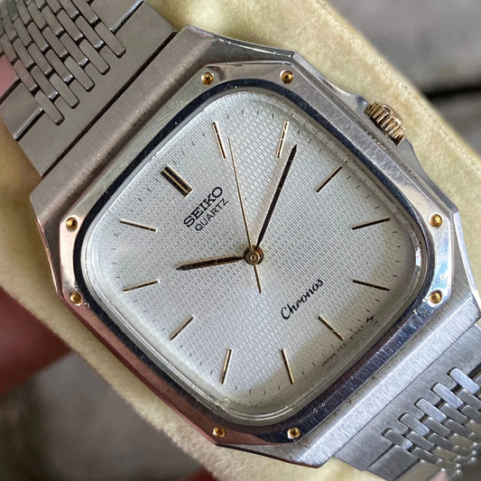 Rare Seiko Chronos Quartz 7731-5130 Square Silver Oak Style Vintage Watch Men