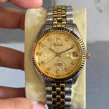 Rare Bulova Computer Dial Automatic Date Diamond Index Two Tone Boys Size Watch