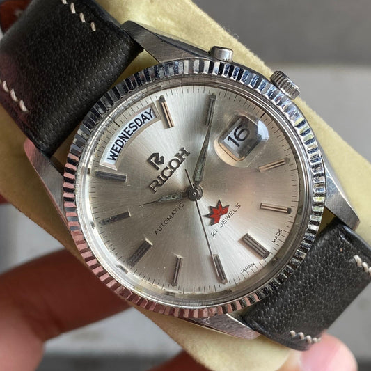 Rare Ricoh President Automatic Silver Dial Maple Leaf Day Date Vintage Watch Men
