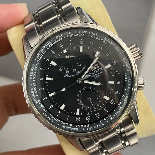 Rare Orient King Master Automatic Power Reserve Black Dial World Timer Watch Men