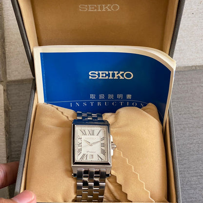 RARE Seiko Tank Premier SKK715 Roman Index White Dial Vintage Fullset Watch Men