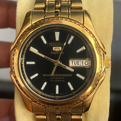 Rare Seiko 5 Superior SKZ058 Black Dial Automatic Gold Vintage Watch Men