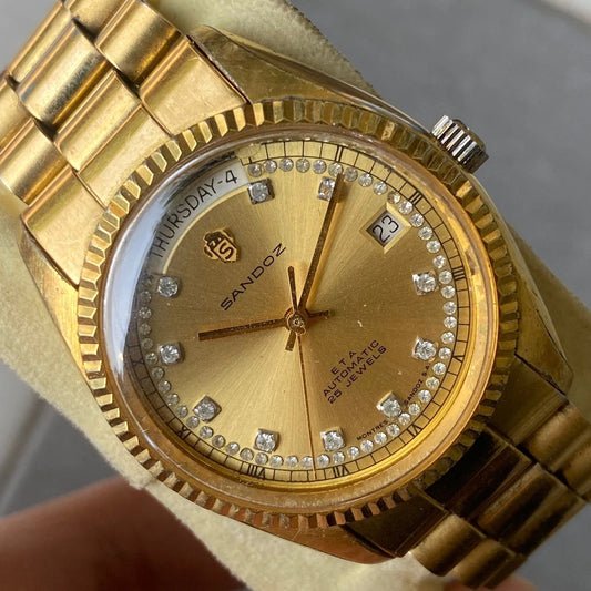 RARE Sandoz President Automatic Index Diamond Day Date Gold Swiss Made Watch