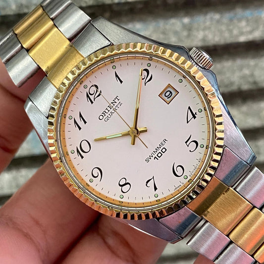 RARE Orient Quartz Swimmer 100 Two Tone White Dial D37201 Vintage Men Watch