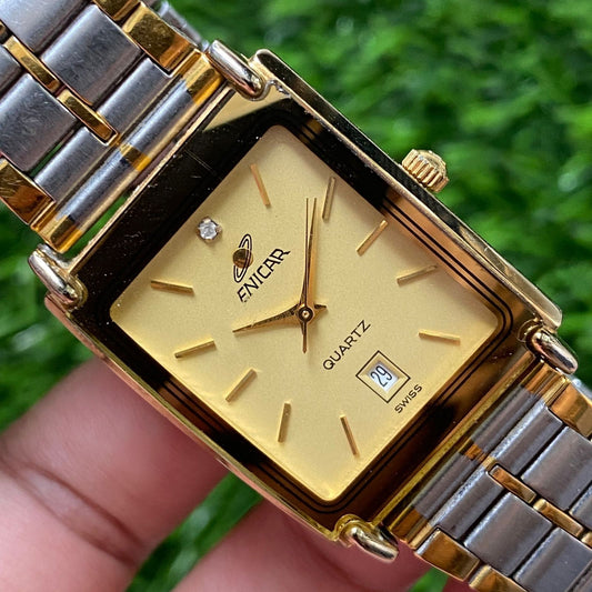 Rare Enicar Tank Quartz Date Baton Two Tone Gold Dial Swiss Made Watch Dress