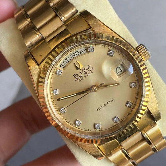 Rare Bulova President Super Seville Index Diamond Day Date Gold Automatic Watch
