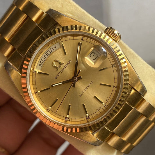 Rare Solvil et Titus President Day Date Gold Automatic Swiss Watch Vintage Men